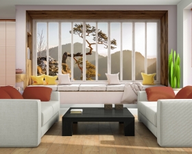 Interior of the modern design room with orange jalousie 3D rendering