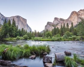 Classic view of Yosemite Valley at sunset in Yosemite National Park, California, USA